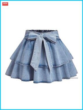 Plus Size Jean Mini Skirt Bow Layered Ruffle Denim